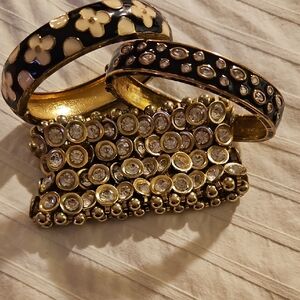 Gold and Black Bangle Set with Rhinestones